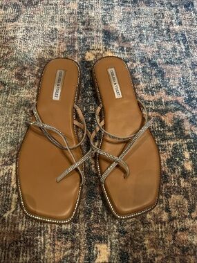 Chelsea & Violet Tan Rhinestone Strappy Slide Sandals